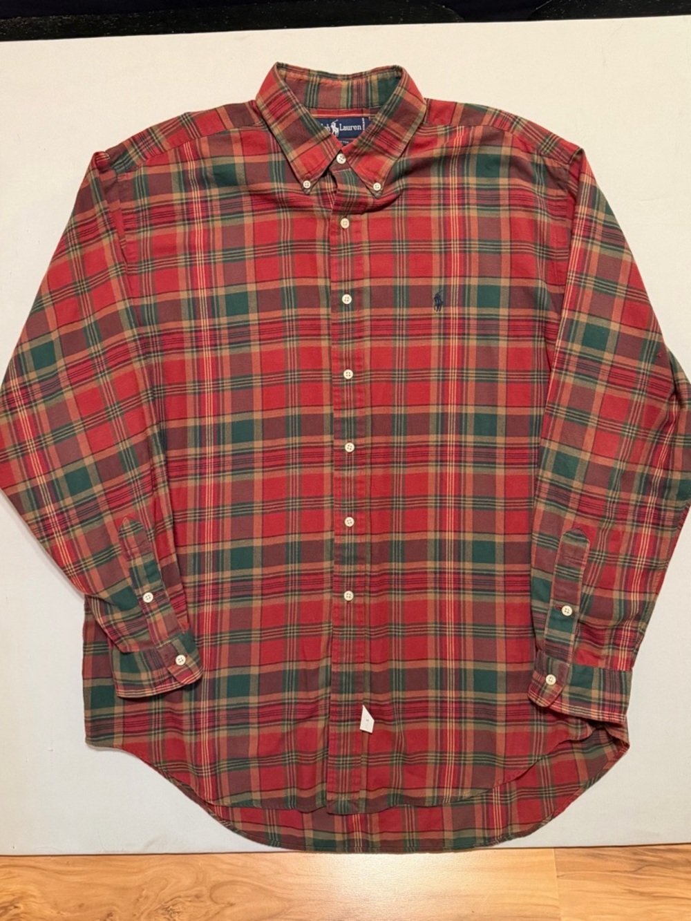 Ralph Lauren Red and Green Tartan Plaid Button-Down Cotton Shirt -Large